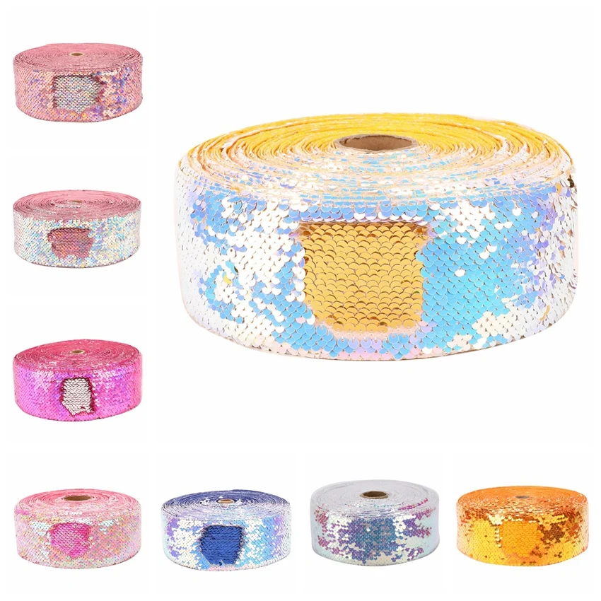 

HSDRIBBON 3 inch 75mm New Sequin Fabric Reversible Glitter Sequin Ribbon 25Yards/Roll