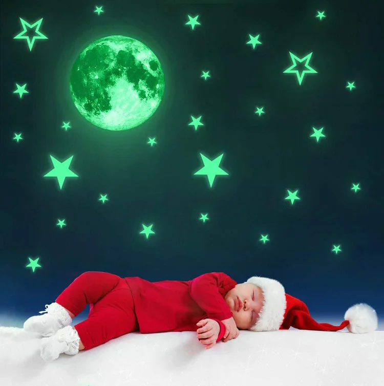 Leuchtende große Mond- und Stern-Wandaufkleber, Kinderzimmer-Hintergrunddekoration, Wohnzimmer-Heimdekoration, im Dunkeln leuchtendes Wandbild – Detail 3