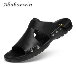 Men Slippers Leather Slides Summer Casual Shoes Plus Big Size 49 50 51 52 Black Slipper And Sandals Slip On Shoes