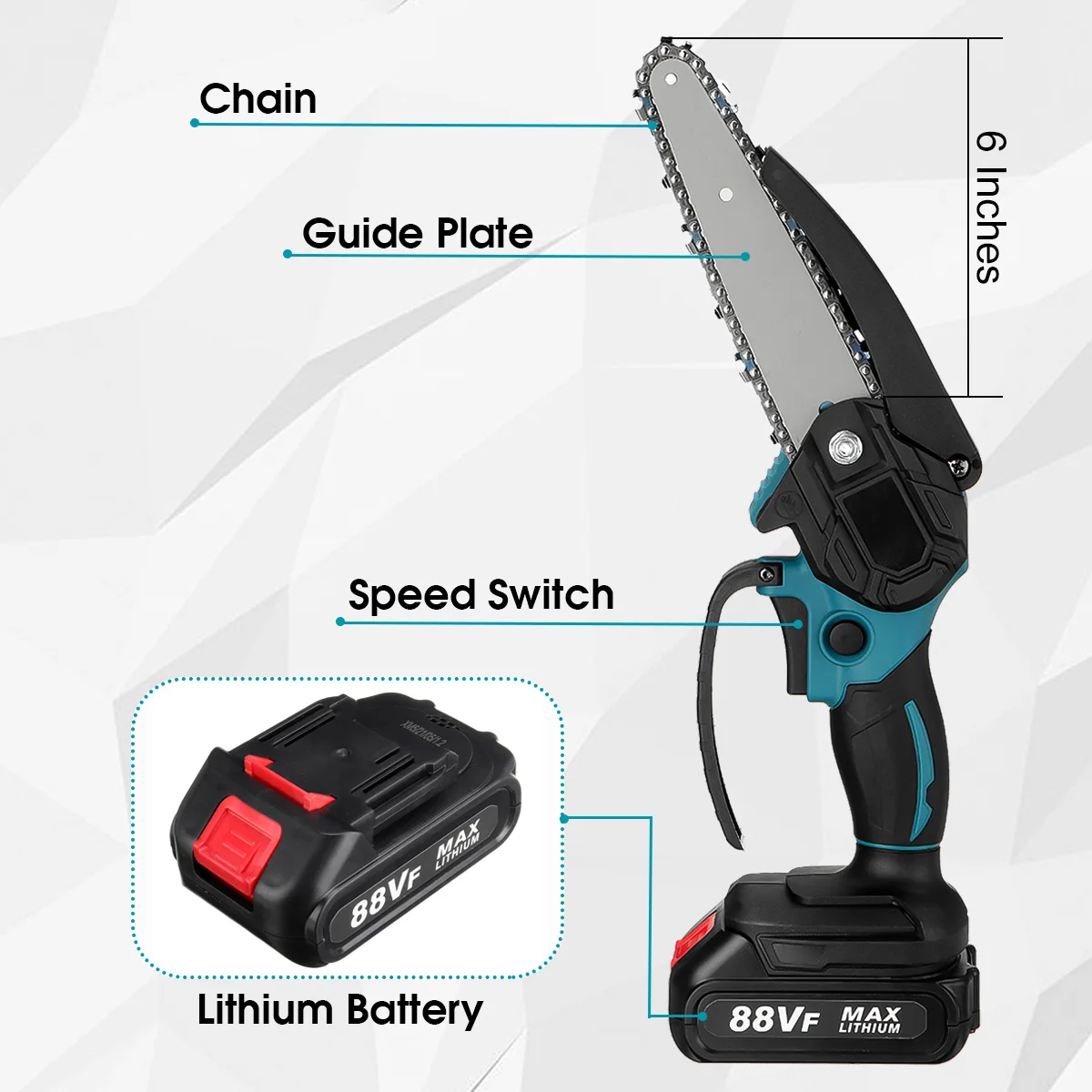 6 Inch 3000W 88VF Mini Electric Chain Saw With 0/1/2PC Battery One-handed Woodworking Cutter Tool For Makita Battery 18V EU Plug