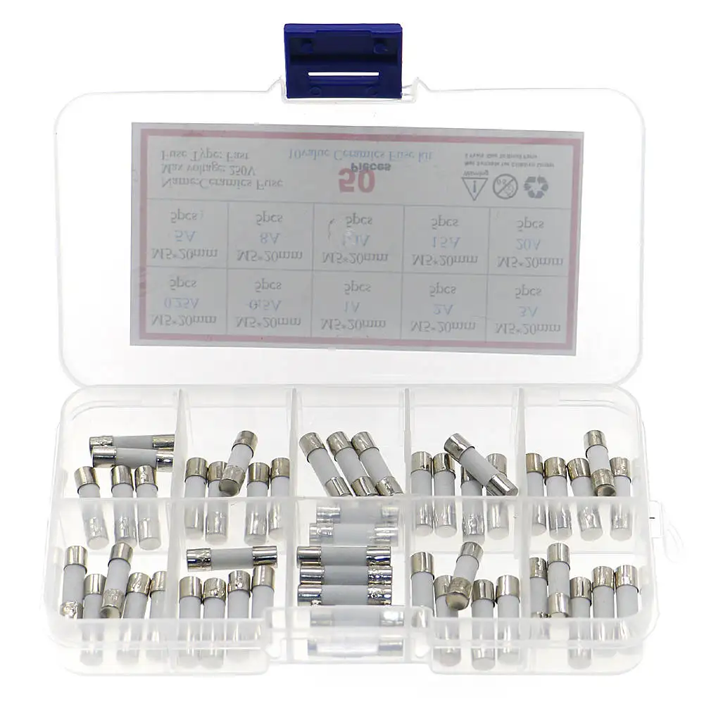 Kit de fusibles de cerámica rápida, surtido de tubos de 20 amperios, 250V, 5mm x 20mm, 0.25A, 0.5A, 1A, 2A, 3A, 5A, 8A, 10A, 15A, 50 unids/lote por