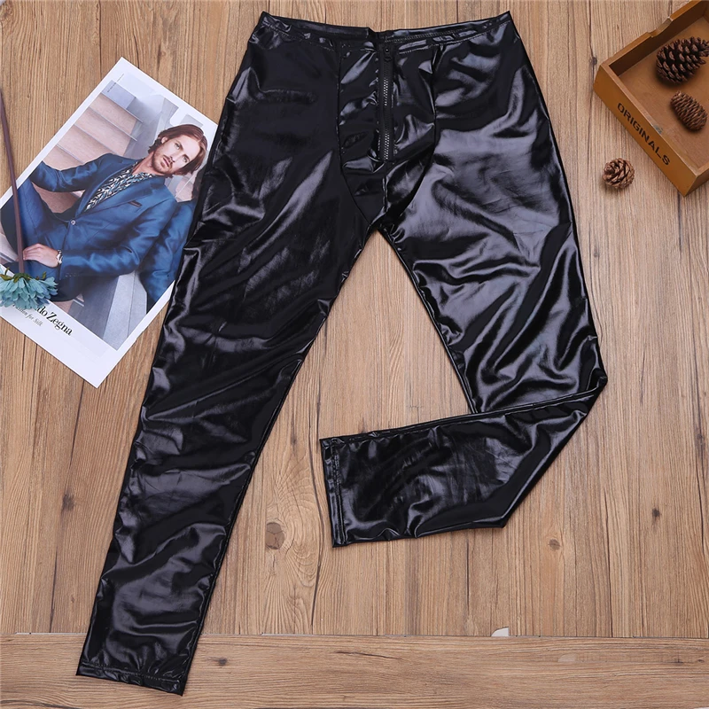 Mens Patent Leather Pants Stage Skinny Performance Pants Stretch Leggings Men Sexy Bodywear Trousers Underwear Clubwear