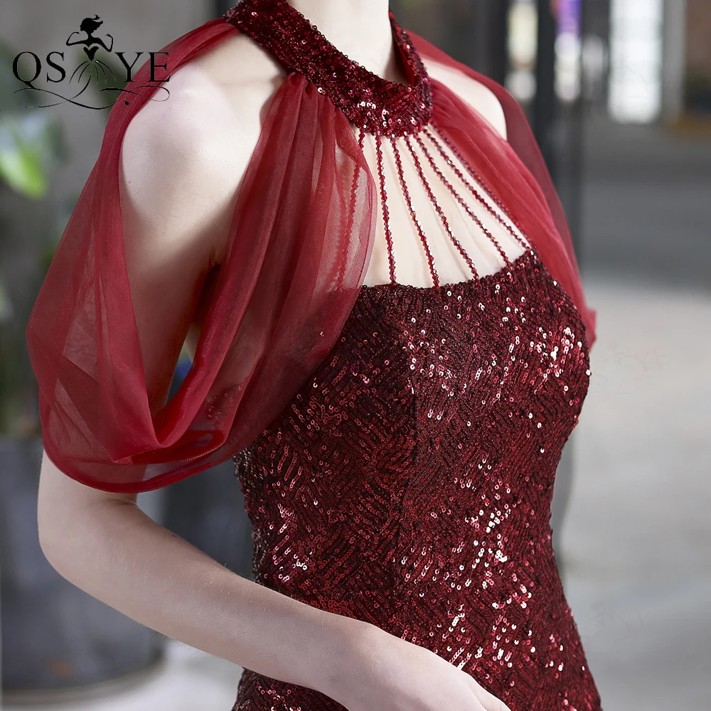 Burgundy Evening Mermaid ชุดพรหมยาว Glitter ปาร์ตี้ชุด Halter คออย่างเป็นทางการชุด Sparkle Beadings ชุดสตรี