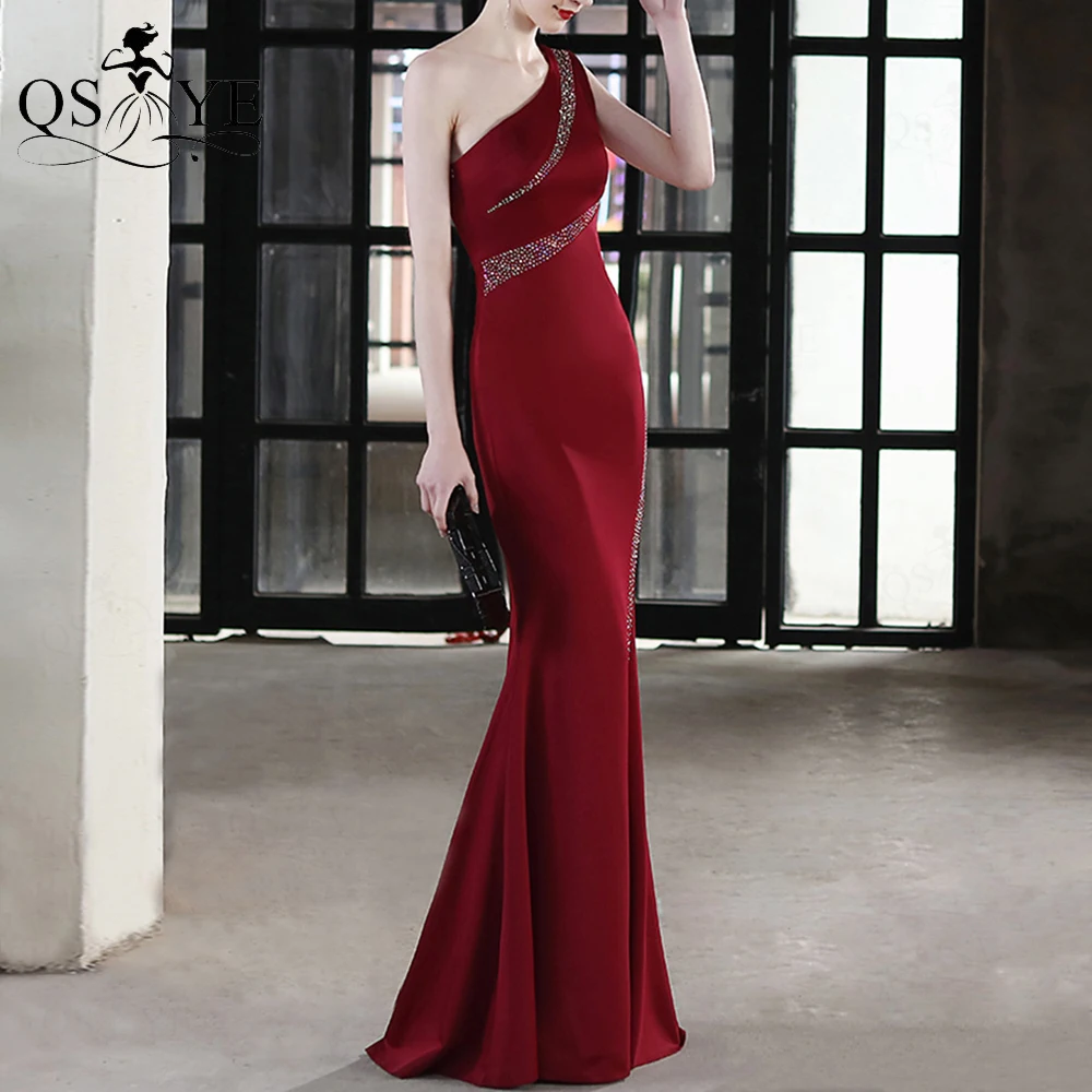 One Shoulder Evening Dresses Hot Drill Deep Red Prom Gown Mermaid Long Party Dress Beading Sequin Fitted Woman Formal Gown