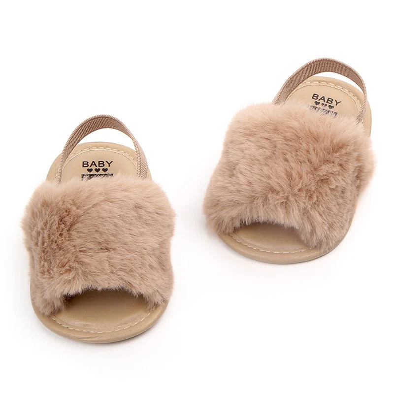 Jlong Faux Fur Slides Sandals Newborn Non-Slip Shoes Baby Girls Leopard Plush Sandals Indoor Outdoor Infant Slippers 0-18M