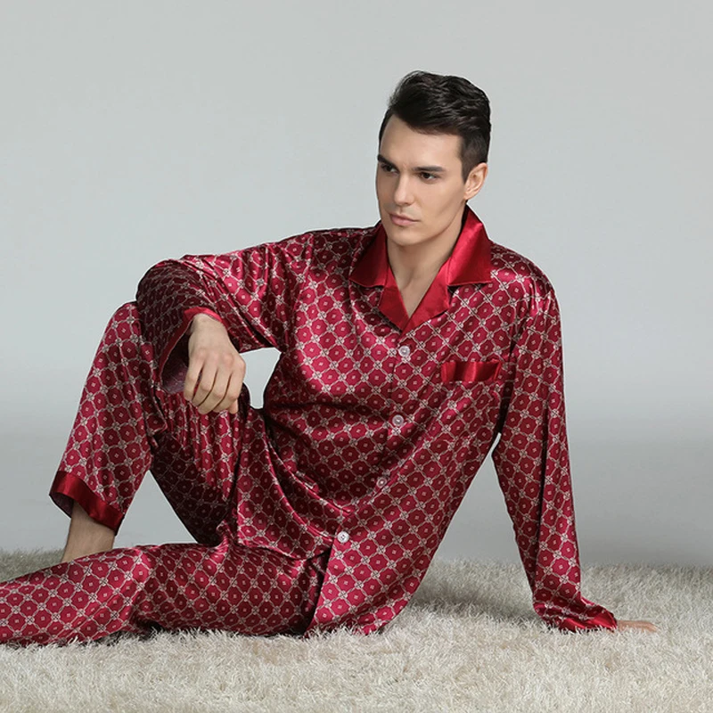 New Men's Satin Long Sleeve Long Pants Pajamas Sets Silk Night-suit Twp Pieces Printing Pyjamas Novelty Clothes Pajamas