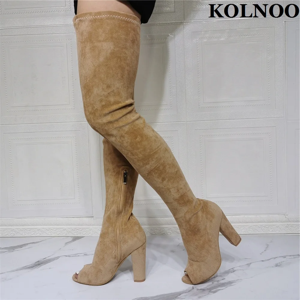 

Kolnoo New Elegant Womens Chunky Heels Thigh-High Boots Genuine Leather Peep-toe Sexy Over Knee Boots Evening Club Fashion Shoes