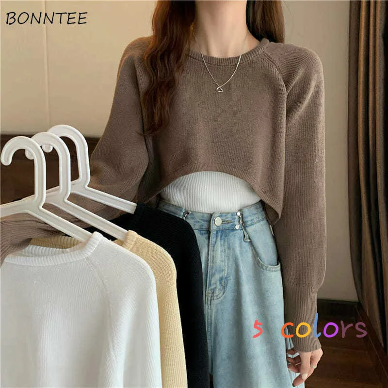 

Cropped Sweaters Women Pure Teenagers Harajuku Chic Design All-match Simple Preppy Ladies Pullover Vintage Retro Lovely Knitwear