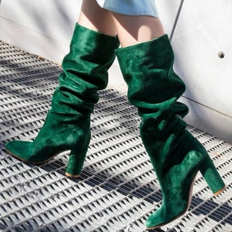 Green Slouch Suede Slip On Chunky Heel Boots Knee High Pointed Toe Manufacturer Solid Ladies Boots Square Heels