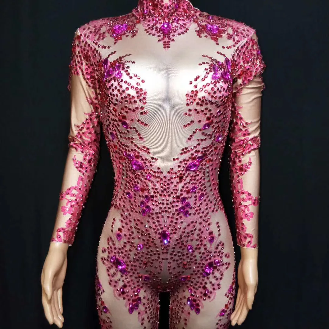 Women Sexy Stage Rose Stones Sparkly Jumpsuit Spandex Stretch Shining Dance Costume Nightclub Outfit Party Leggings Bodysuit