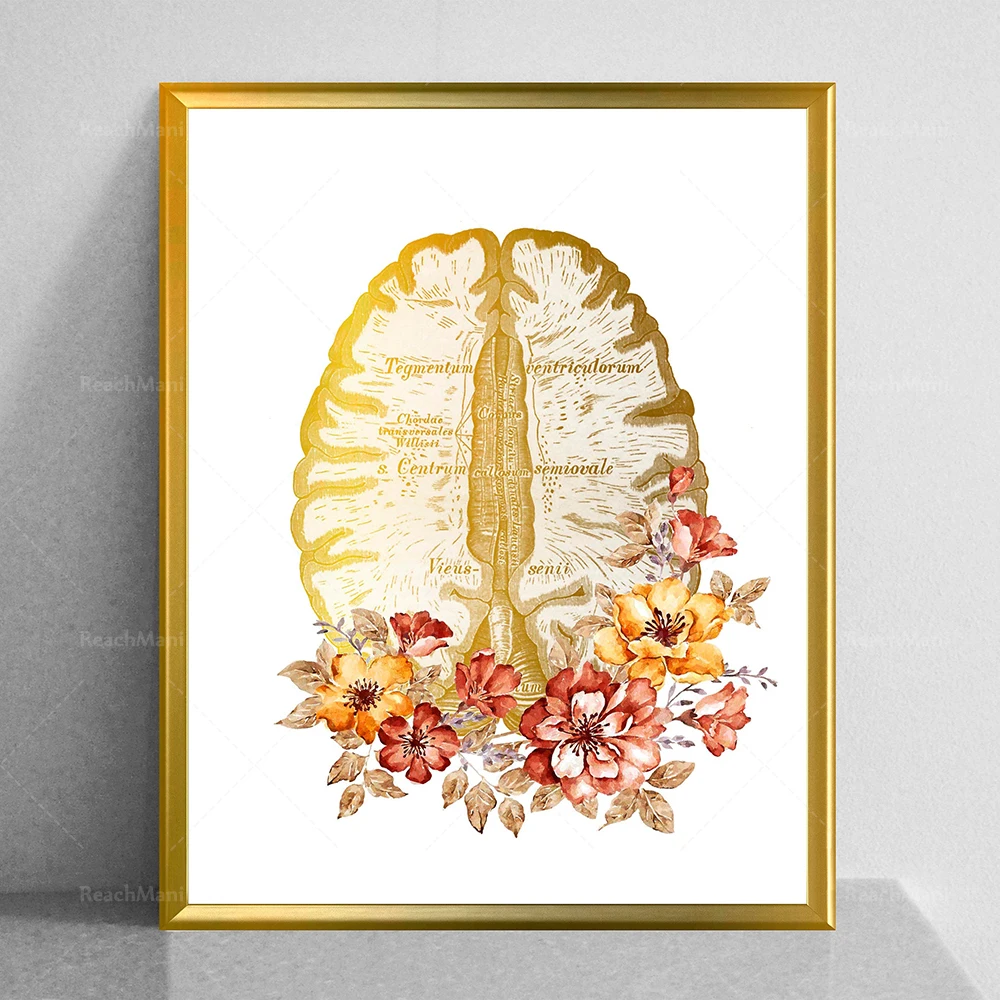 

Neurology Art Gold Anatomical Brain and Flowers Poster Detailed Brain Anatomy Art Medical Decor Neurologist Gift Psychologist Gi