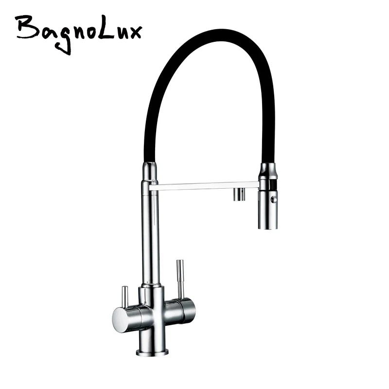 Clean Water Kitchen Faucet with Sprayer Gooseneck Pull Down Sink Mixer Solid Brass 360 Degree Rotation 3 Way Water Filter Taps