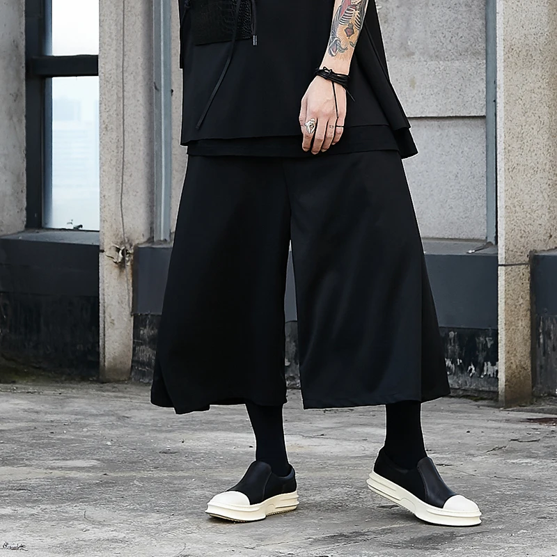 Black Casual Pants Men's Fashion Large Super Wide Leg Flare Skirt Pants Nine Point Casual Pants Trend New Men's Personality