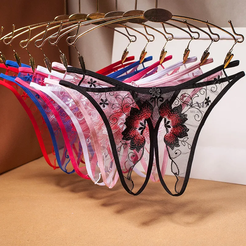 New Embroidery Sexy Thongs Lace Transparent Panties for Women Sexy Underwear Erotic Lingerie G String Open Crotch Briefs For Sex