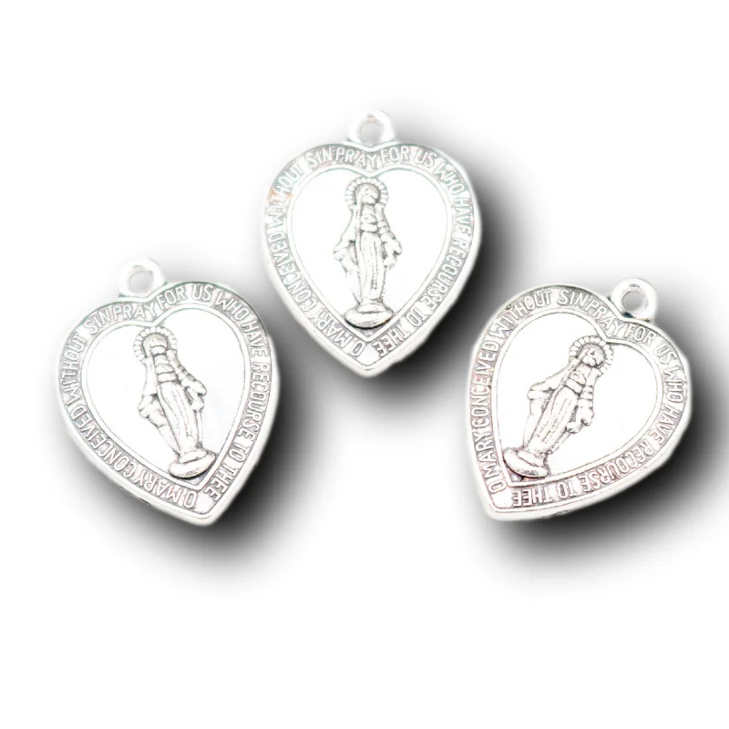 15pcs Silver Plated Catholic Heart Shaped Virgin Mary Pendants Retro Bracelet Metal Accessories DIY Charms Jewelry Crafts Making