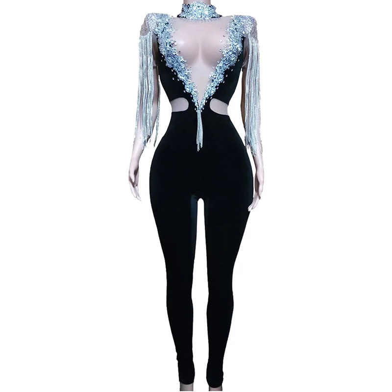 

Singer Dancer Stage Costume Luxury Black Velvet Rhinestones Tassel Jumpsuit Fashion Birthday Celebrate Prom Party Outfit