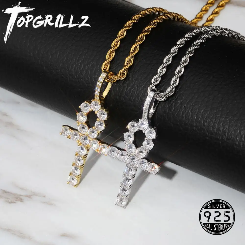 TOPGRILLZ 925 Sterling Silver Iced Zircon Ankh Cross Pendant CZ Egyptian Key of Life Pendant Necklace Hip Hop Jewelry For Man