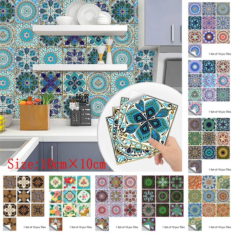 Retro Abstract Print Tile Stickers Bathroom Mosaic Vinyl Tile Kitchen Adhesive Border Wall Decals Waterproof Wallpaper Art Mural