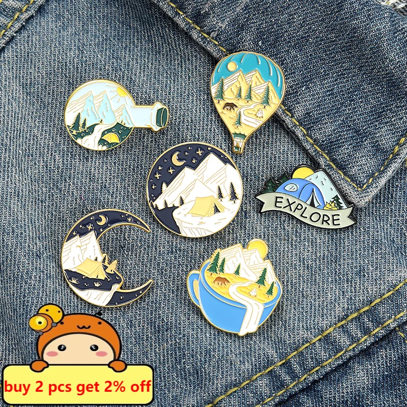 Mountains Enamel Pin Starry Night Badges Adventure Camping National Park Forest Brooches Gift for Hikers Travelers wholelsale