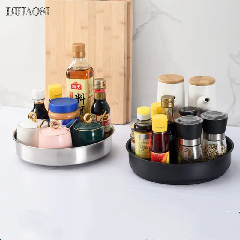 360 Rotating Tray Kitchen Storage Container Spice Jar Snack Cosmetic Stainless Steel Tray Condiment Storage Box Storage Tray