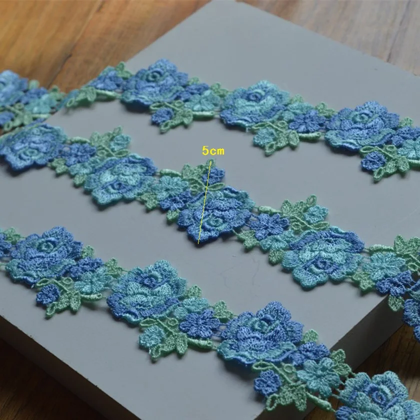 3Yds 5cm Wide Blue Green Mixed Floral Venise Lace Trim with Design for Wedding Bridal,Garment Decoration2020041111