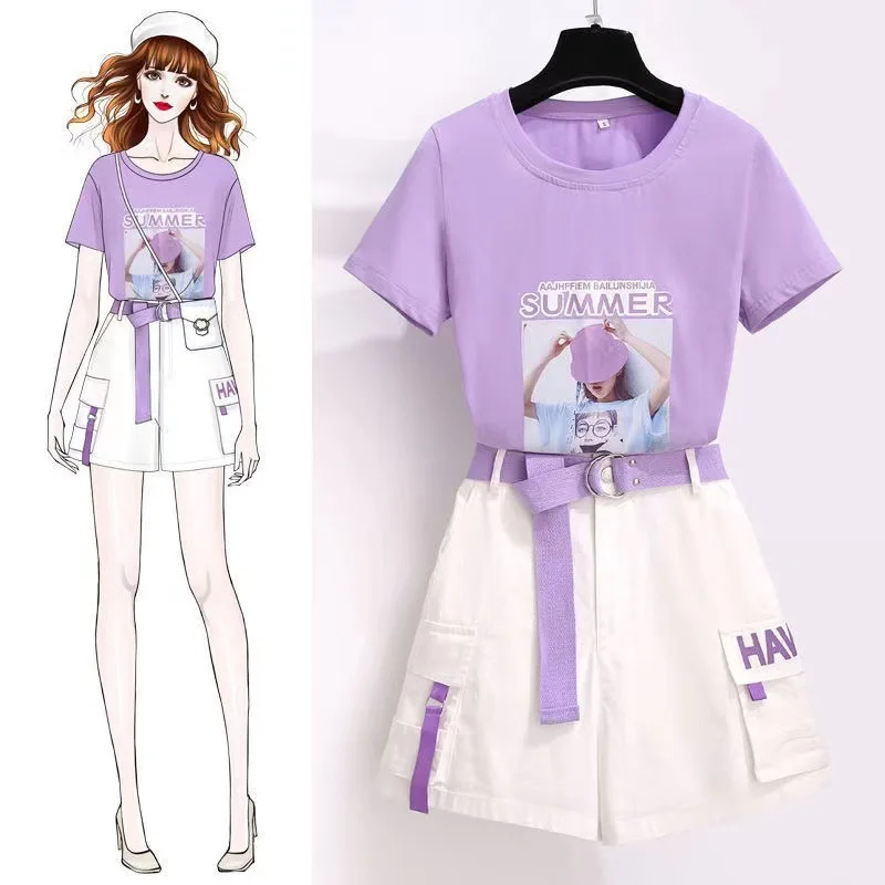 2024 Summer New Casual Short Matching Set Girl Print T-Shirt Pants Two-Piece Korean Elegant Blouse High Waist Sexy trousers Set