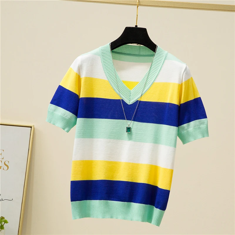 

Camisetas Mujer V Neck Striped Knitted Thin T Shirt Women Short Sleeve 2023 Summer Tops Tee Shirt Femme Womens Clothing Tshirt