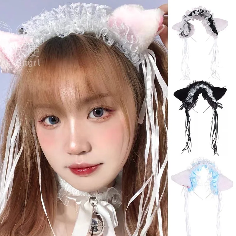 Lolita kawaii orelhas de gato laço arco faixa de cabelo anime bonito menina maid headdress cosplay anime acessórios de cabelo cabeça envoltório