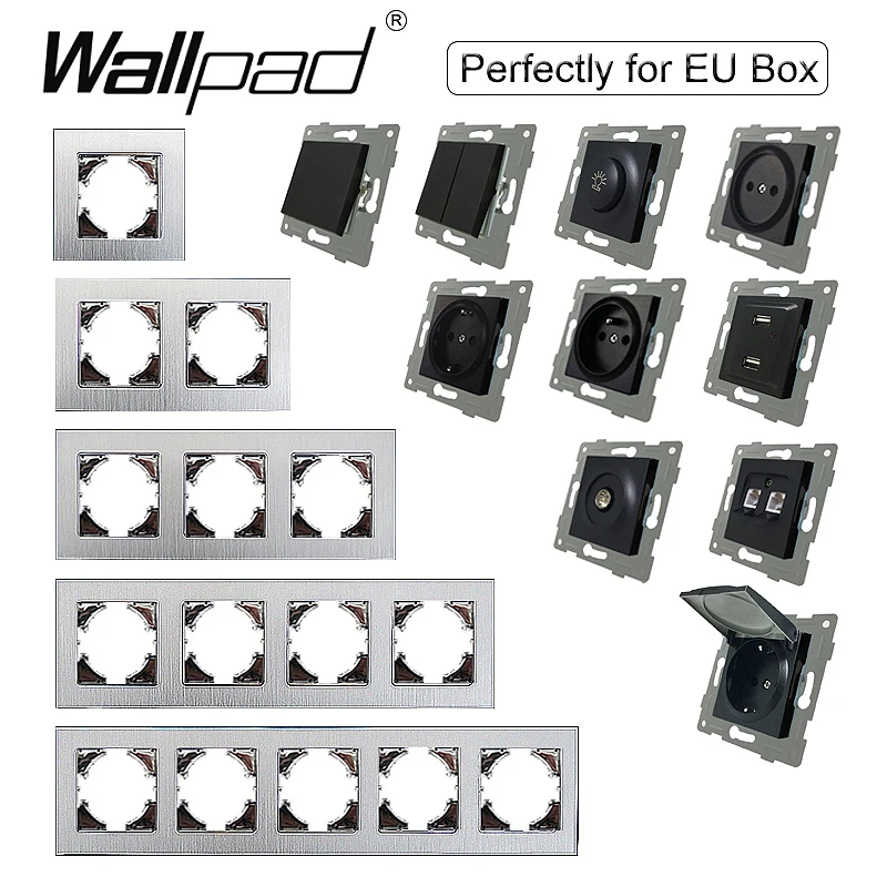 DIY EU Gebürstet Silber Grau Metall Rahmen Taster Wand Licht Schalter Steckdose mit Kappe Fan Dimmer Daten Cat6 USB Wallpad L6