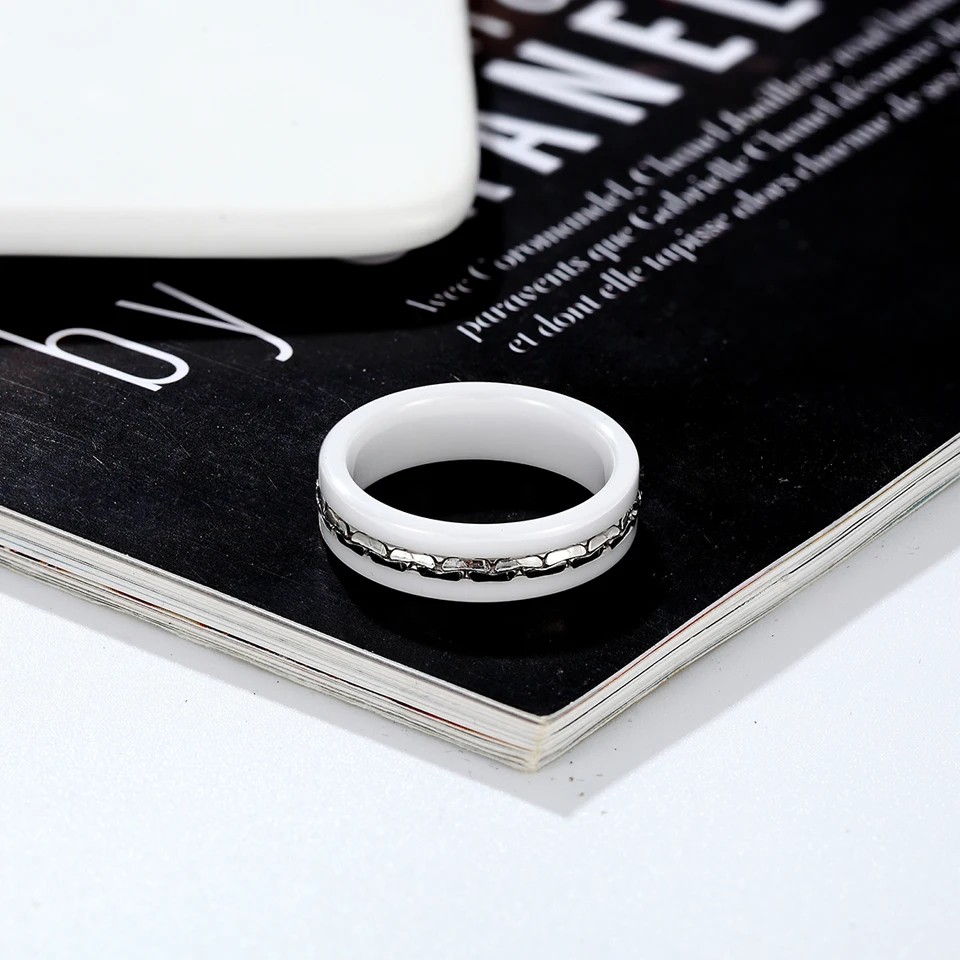 BORASI 7mm Wide Stainless Steel Chain Ceramic Ring Men Black White Color Ladies Rings For Women Fashion Jewelry Female Male Ring