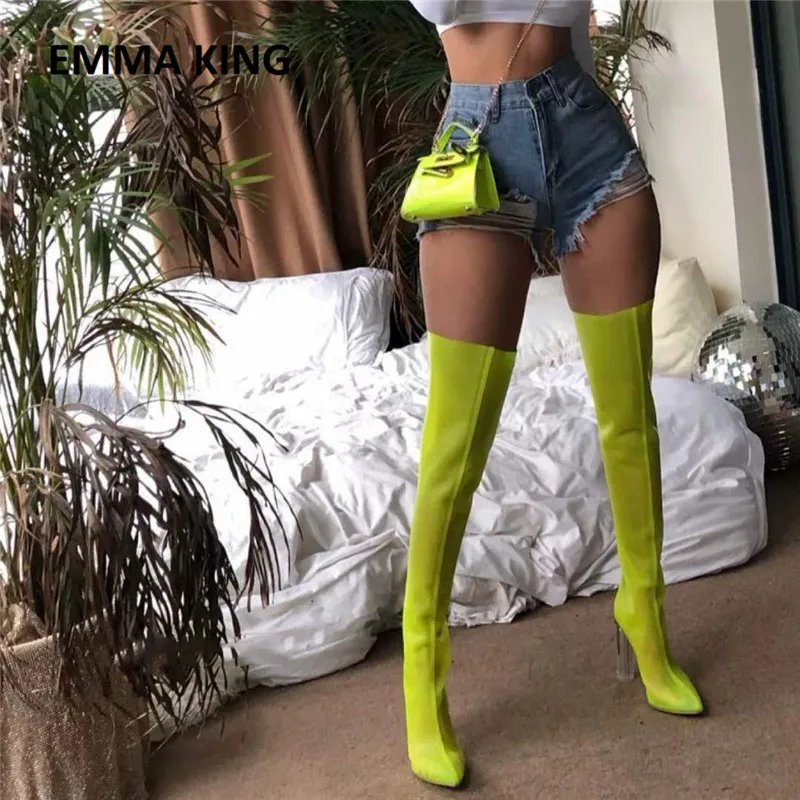 Summer Spring Women Over The Knee Boots Sexy Neon Green Mesh Thigh High Botas Femenino Pointed Toe Night Party Boots Mujer 2021