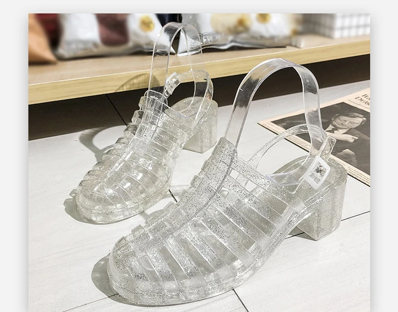 Women\'s Jelly Sandals Woman Summer Hollow Out Shoes 2021 Women Buckle Mid Heels Ladies Footwear Female Outside Beach Slides