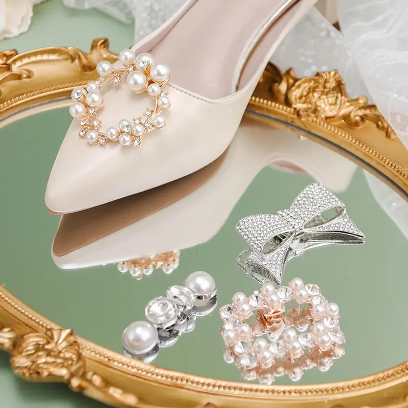 Pearl shoe buckle accessories high heel shoe buckle square drill buckle removable wedding shoes decorative buckle shoe flower