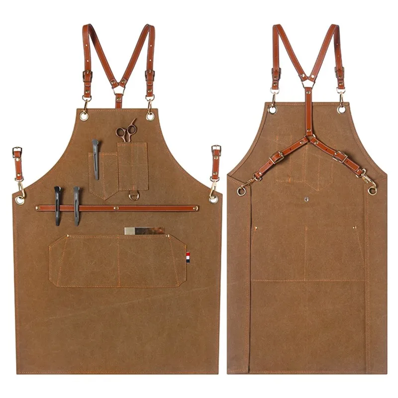 

Canvas Apron Cross-back Leather Strap Barber Florist Carpenter Gardener Work Wear Barista Bartender BBQ Pastry Chef Uniform K72