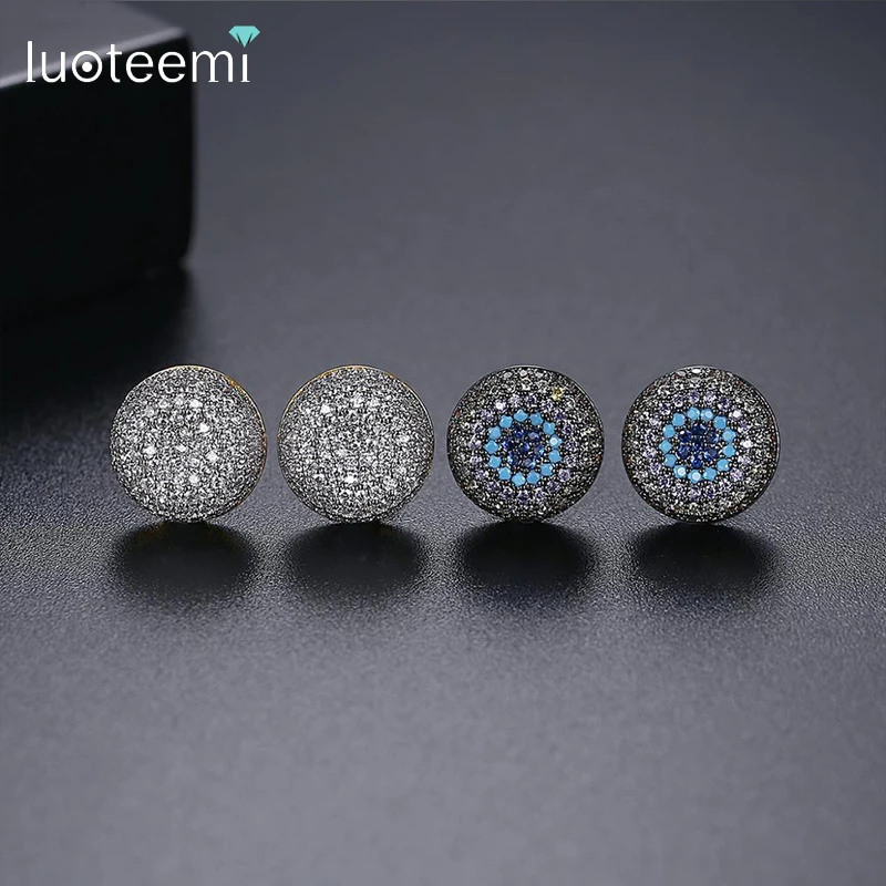 LUOTEEMI Korean Fashion Blue Cubic Zircon Round Stud Earring for Women Girls Korean Fashion Jewelry Hip Hop Teens Christmas Gift