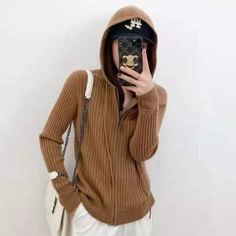 Women cardigans 2023 spring new hooded sweater cardigan female bottoming shirt casual loose knit zip jacket with cap sweaters