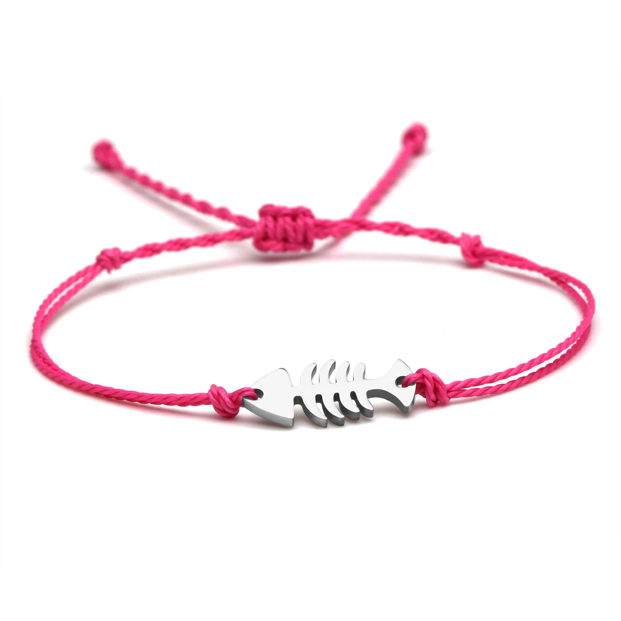 Pretty Cute Stainless Steel Fish Bone Charm Bracelet Women Female White Brown Black String Pure Handmade Nautical Surf Jewelry