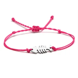 Pretty Cute Stainless Steel Fish Bone Charm Bracelet Women Female White Brown Black String Pure Handmade Nautical Surf Jewelry