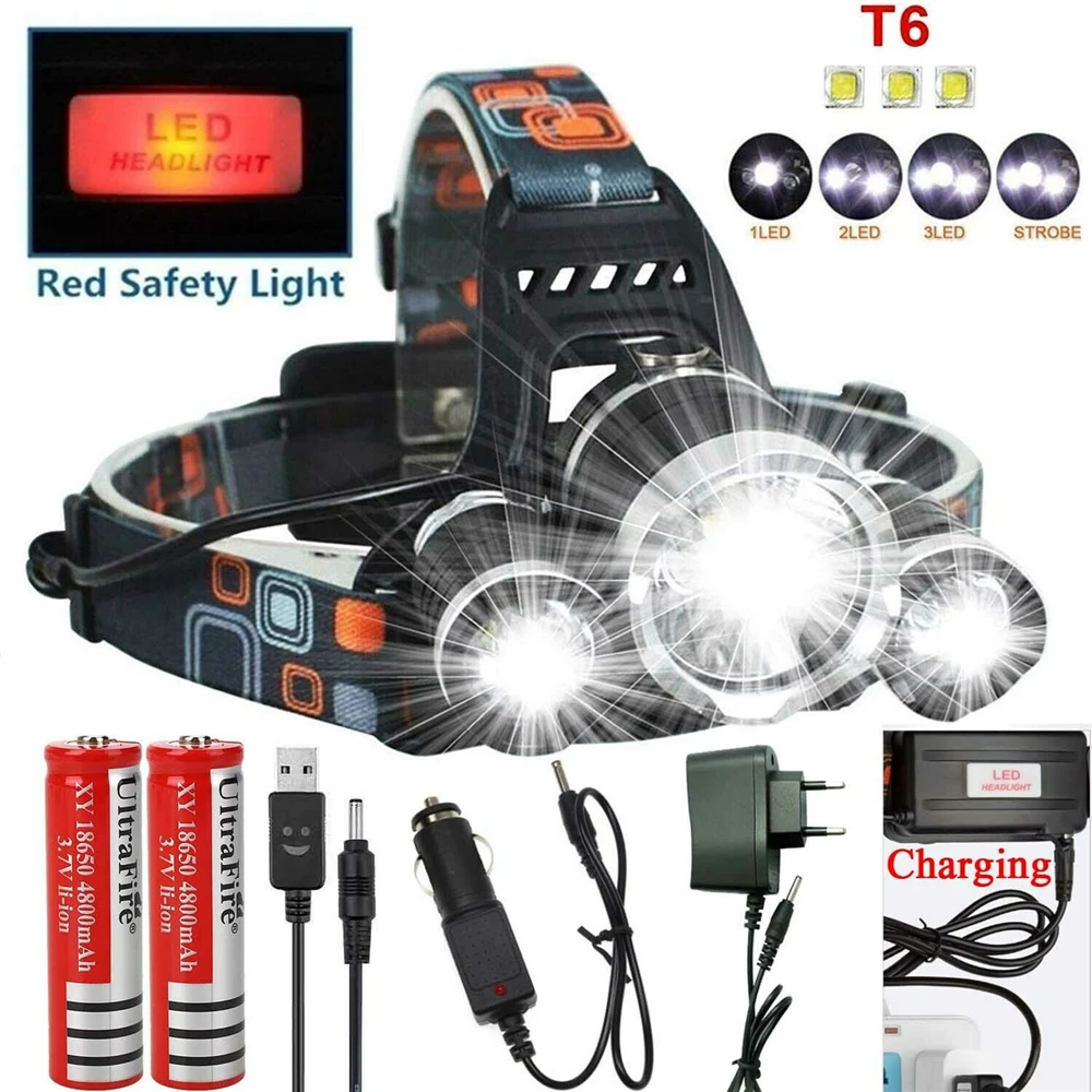 Dropshipping LED Headlamp Headlight Flashlight Rechargeable 3 R5 LED Hard Hat Headlight Battery Car Wall Charger for Camping