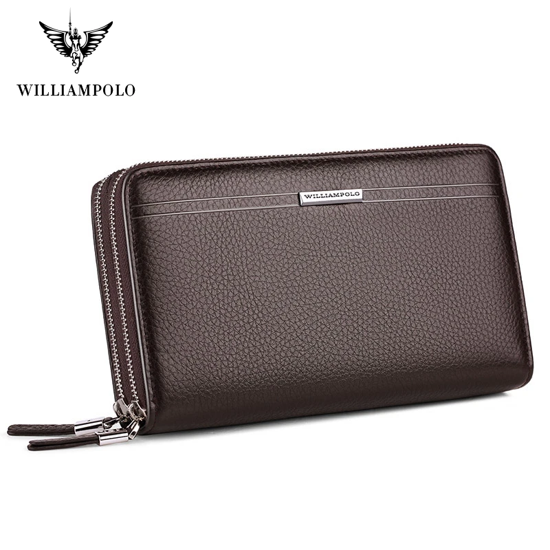 WILLIAMPOLO Men\'s Leather Clutch Solid Clutch Bag Phone Cases Luxury Brand Mens Wallet Double Zipper Genuine Leather Bag PL163