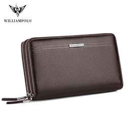 WILLIAMPOLO-Saco De Embreagem De Couro Masculino, Monocromático, Clutch, Casos De Telefone, Marca De Luxo, Carteira, Zíper Duplo, Bolsa De Couro Genuíno, PL163