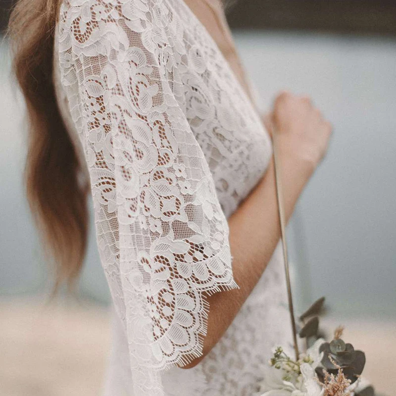 Robe de mariée en dentelle à manches chauve-souris, ligne A, col en V, dos transparent, ventes, drop sunshine, sur mesure, fente haute, robe de patients Boho, plage