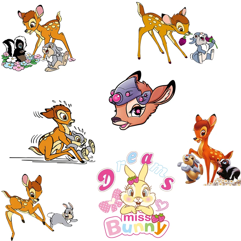 Kawaii cartoon Bambi Fusible Patch for DIY T-Shirt Hoodies  Iron-on Transfers for Clothing Stickers Vinyl Patches for Kids Gifts