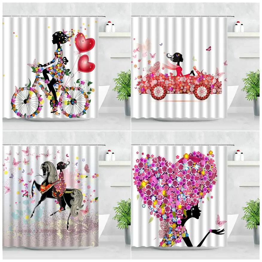 Butterfly Girl Shower Curtains Colorful Flowers Heart Balloon Bicycle Car Pattern Fashion Home Decor Screen Bathroom Curtain Set