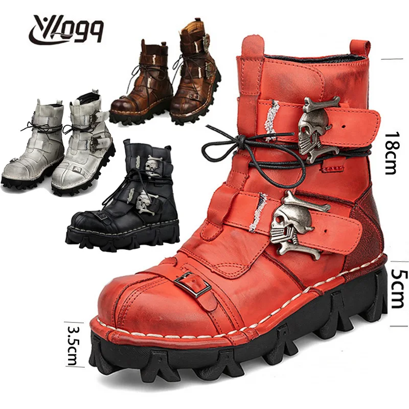 Men's Genuine Leather Motorcycle Boots Gothic Skull Punk Ankle Fashion Western Boots Male Mid-calf Boots Rivet Botas50