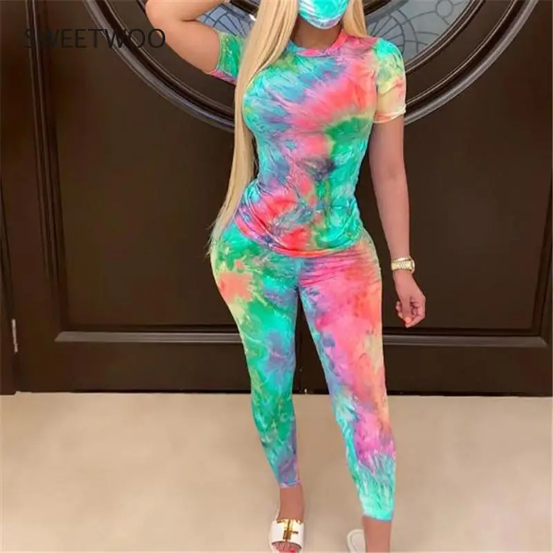 Ladies sports suit round neck tie-dye casual fashion home short-sleeved top sports two-piece suit