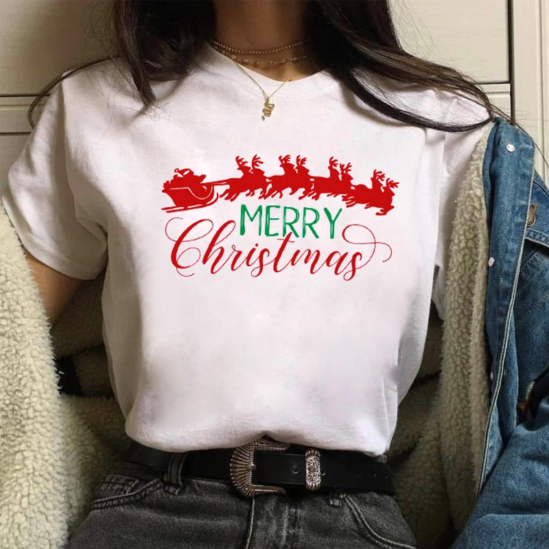 Christmas Style Top T Shirt Oversize Ladies Short-sleeved Merry  Letter Print Women T-shirt