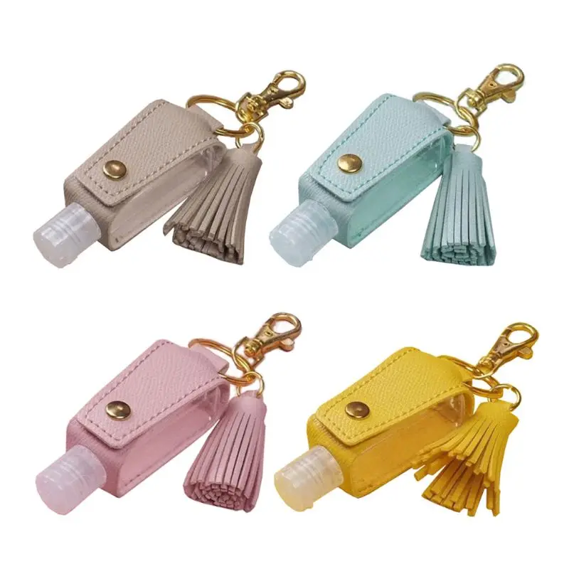 30ml Portable Empty Leakproof Plastic Travel Bottle for Hand Sanitizer with Tassels Leather Keychain Holder Carriers