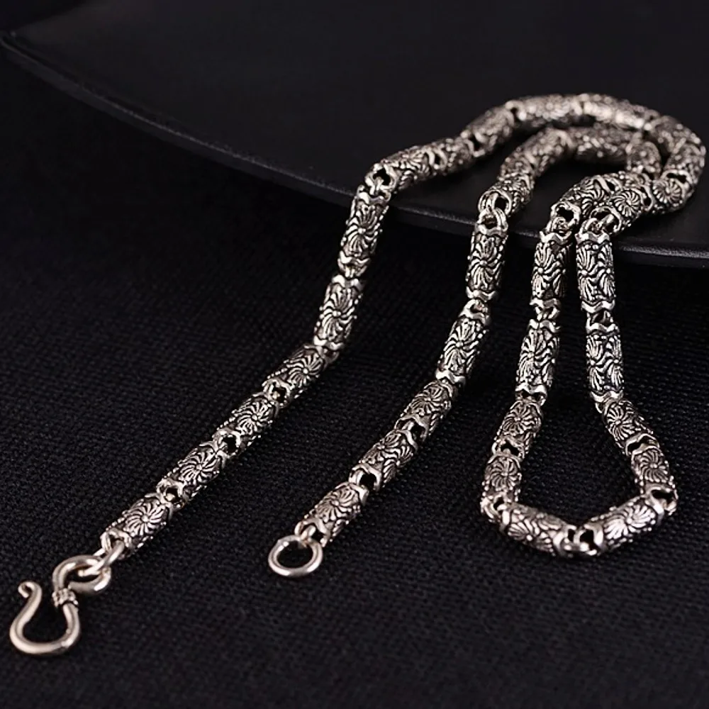 BOCAI New Real Solid S925 Pure Silver Jewelry Retro S Hook Necklace for Man Simple Fashion Barrel Bead Man Necklace