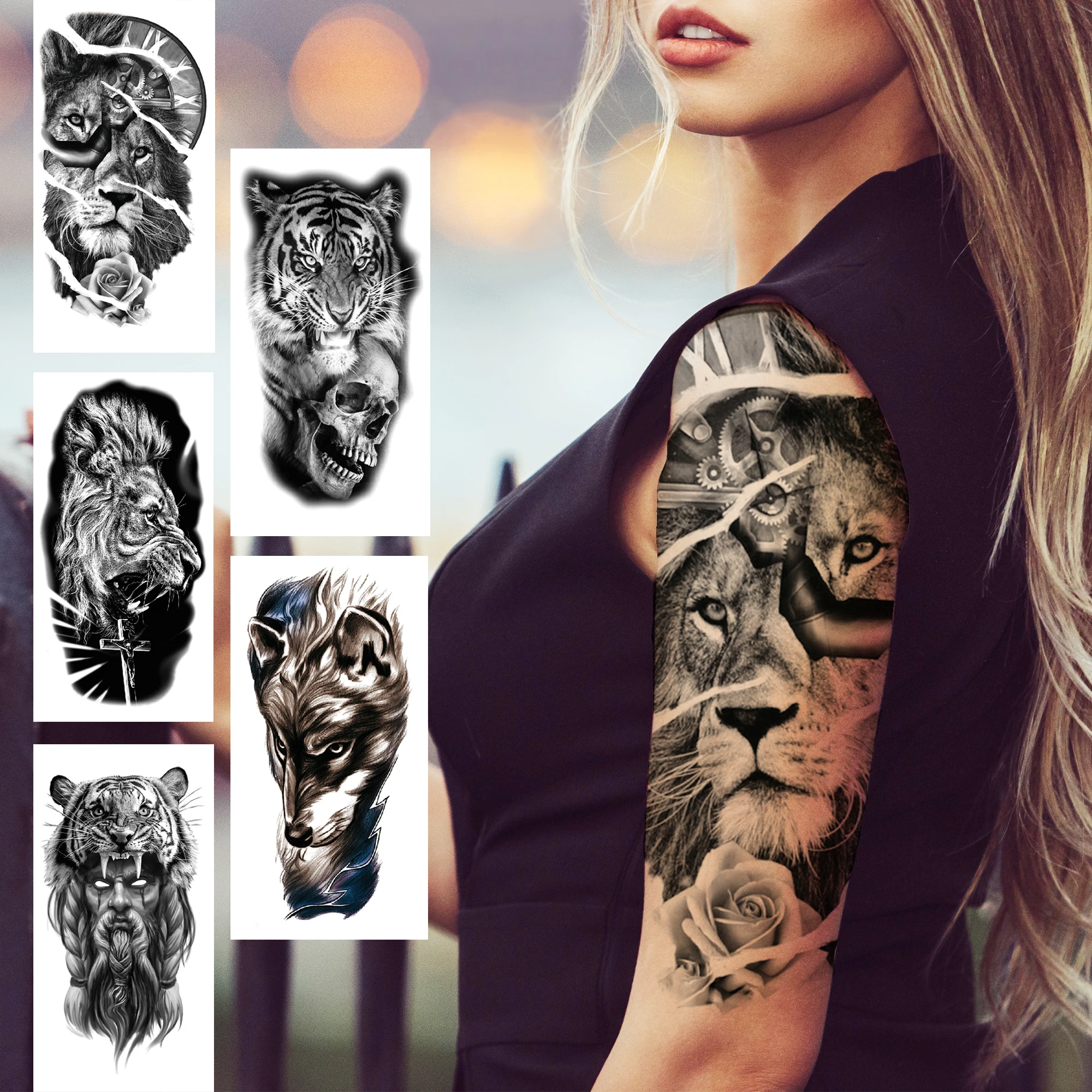 3D Lion Flower Temporary Tattoo For Women Men Fake Tiger Forest Wolf Tattoos Sticker Black Tribal Skull Monster Tatoos Forearm